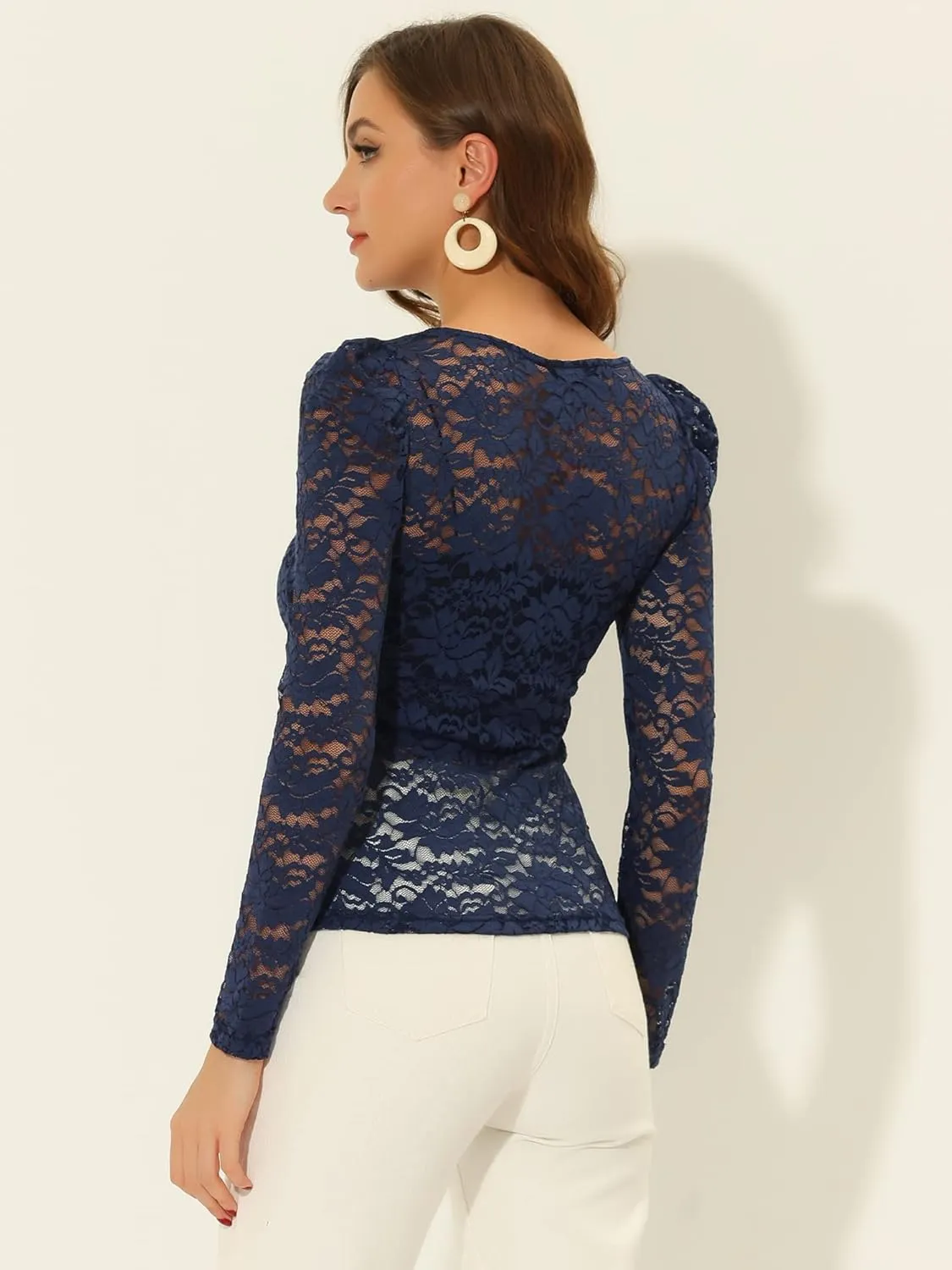 Allegra K Women's Long Sleeve Lace Top Mesh Sheer Fitted Elegant Blouse