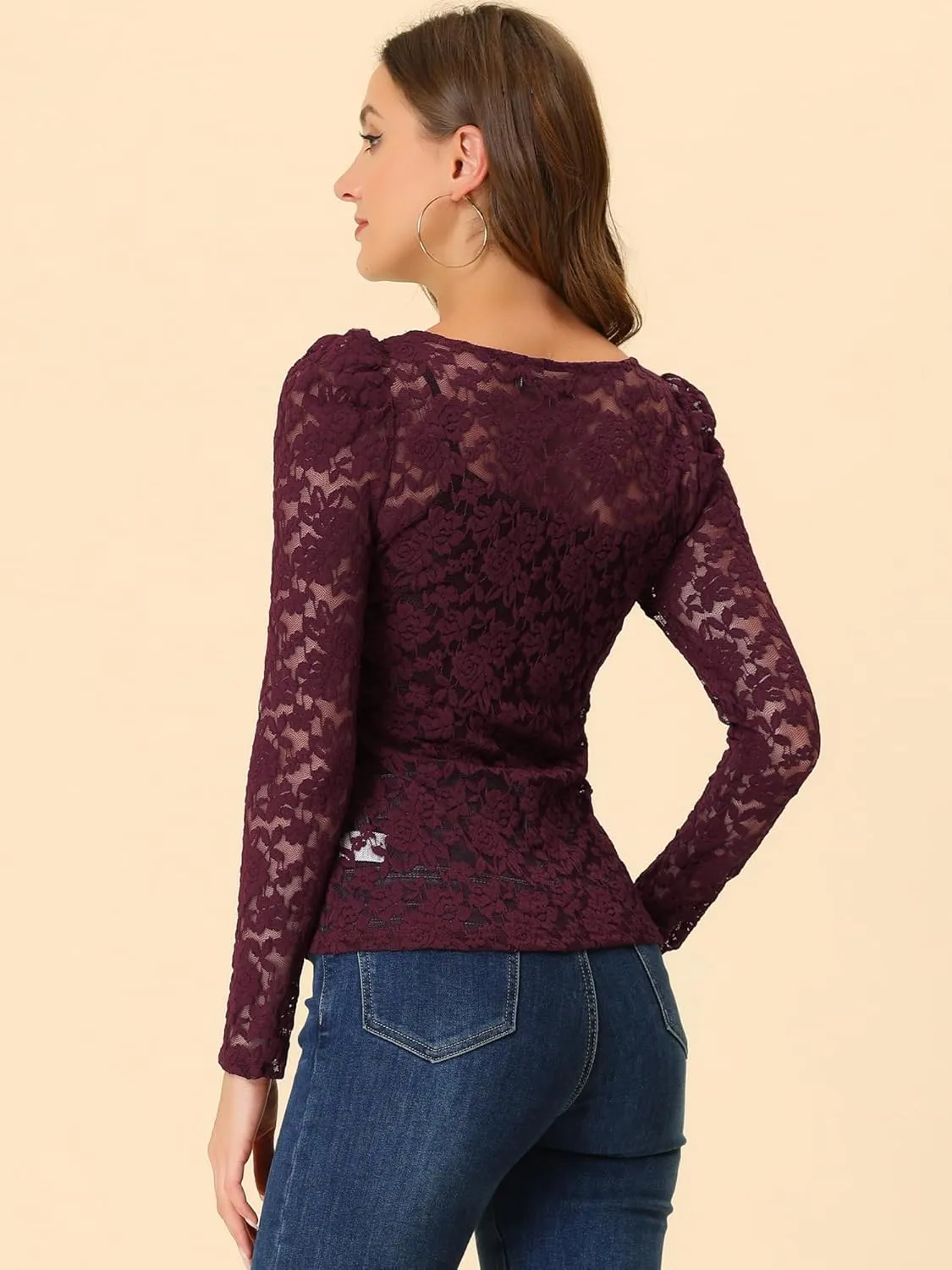Allegra K Women's Long Sleeve Lace Top Mesh Sheer Fitted Elegant Blouse