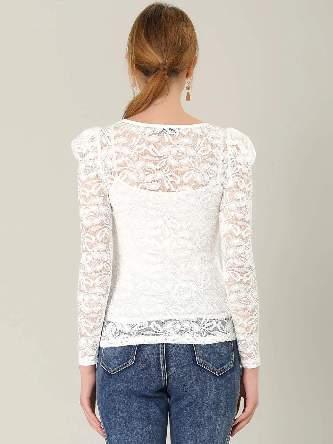 Allegra K Women's Long Sleeve Lace Top Mesh Sheer Fitted Elegant Blouse