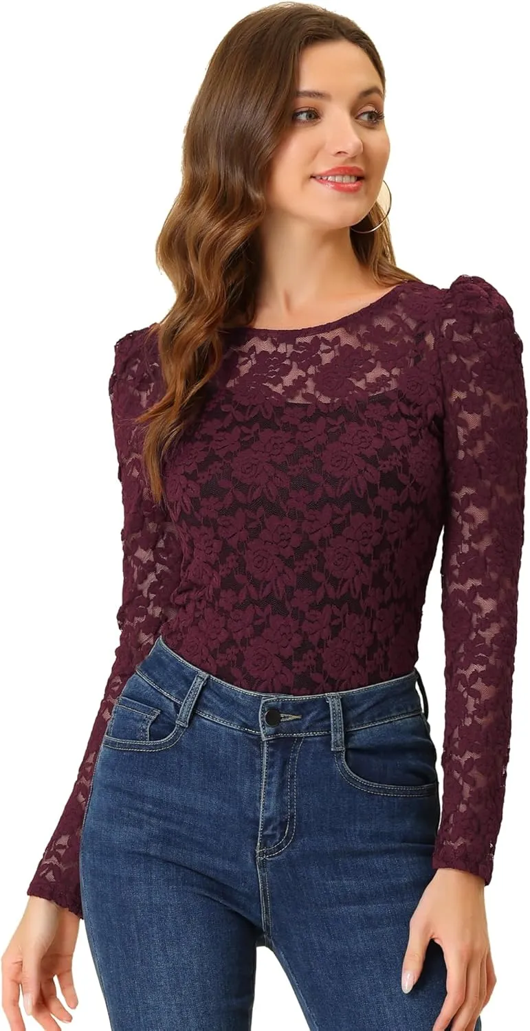 Allegra K Women's Long Sleeve Lace Top Mesh Sheer Fitted Elegant Blouse