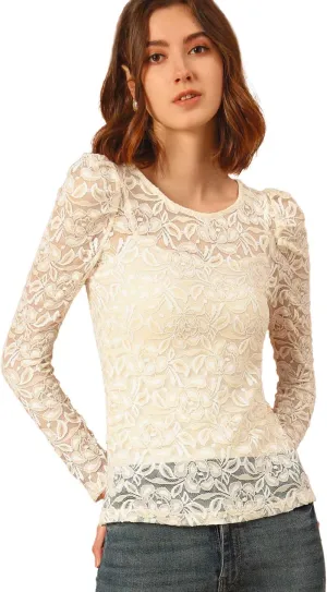 Allegra K Women's Long Sleeve Lace Top Mesh Sheer Fitted Elegant Blouse