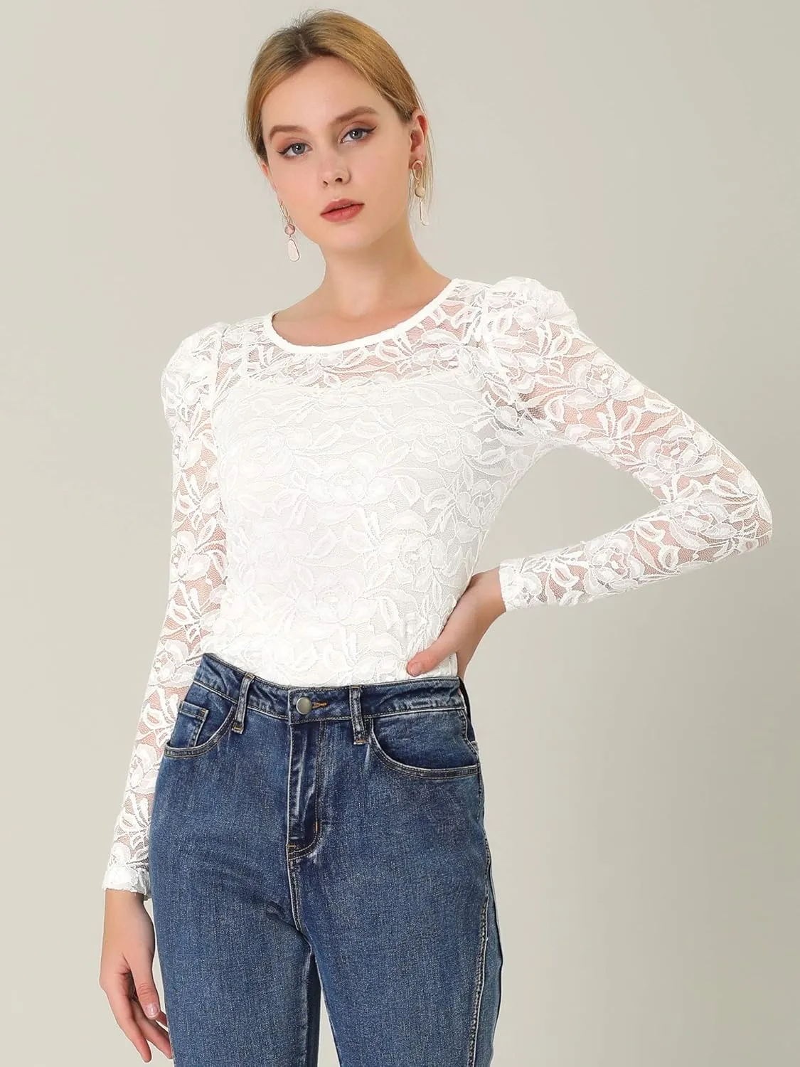 Allegra K Women's Long Sleeve Lace Top Mesh Sheer Fitted Elegant Blouse