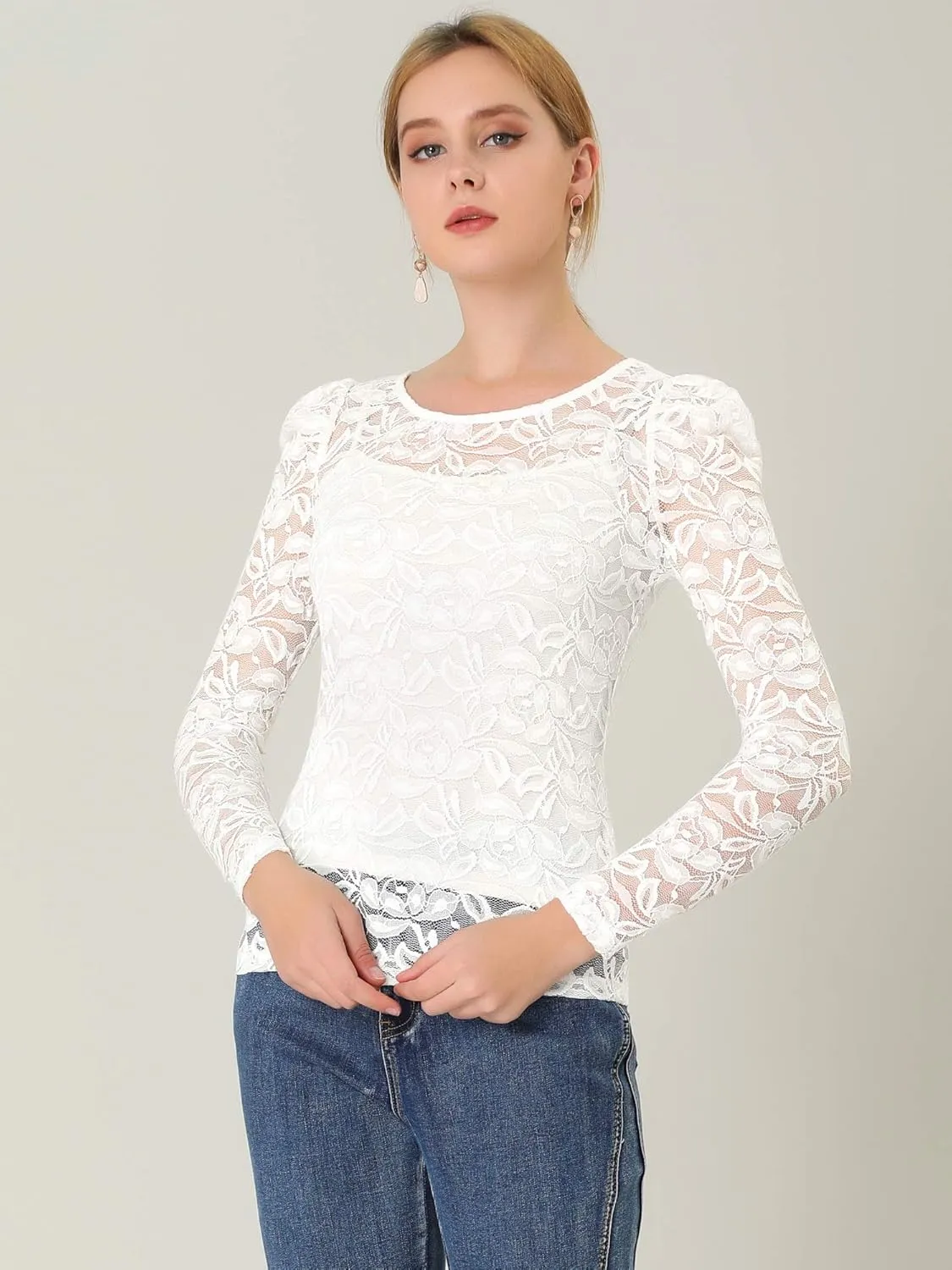 Allegra K Women's Long Sleeve Lace Top Mesh Sheer Fitted Elegant Blouse