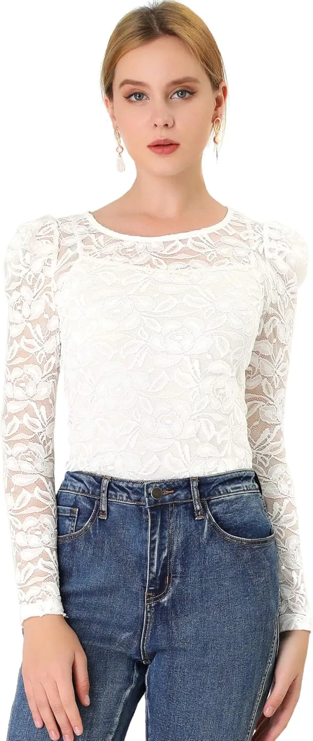 Allegra K Women's Long Sleeve Lace Top Mesh Sheer Fitted Elegant Blouse