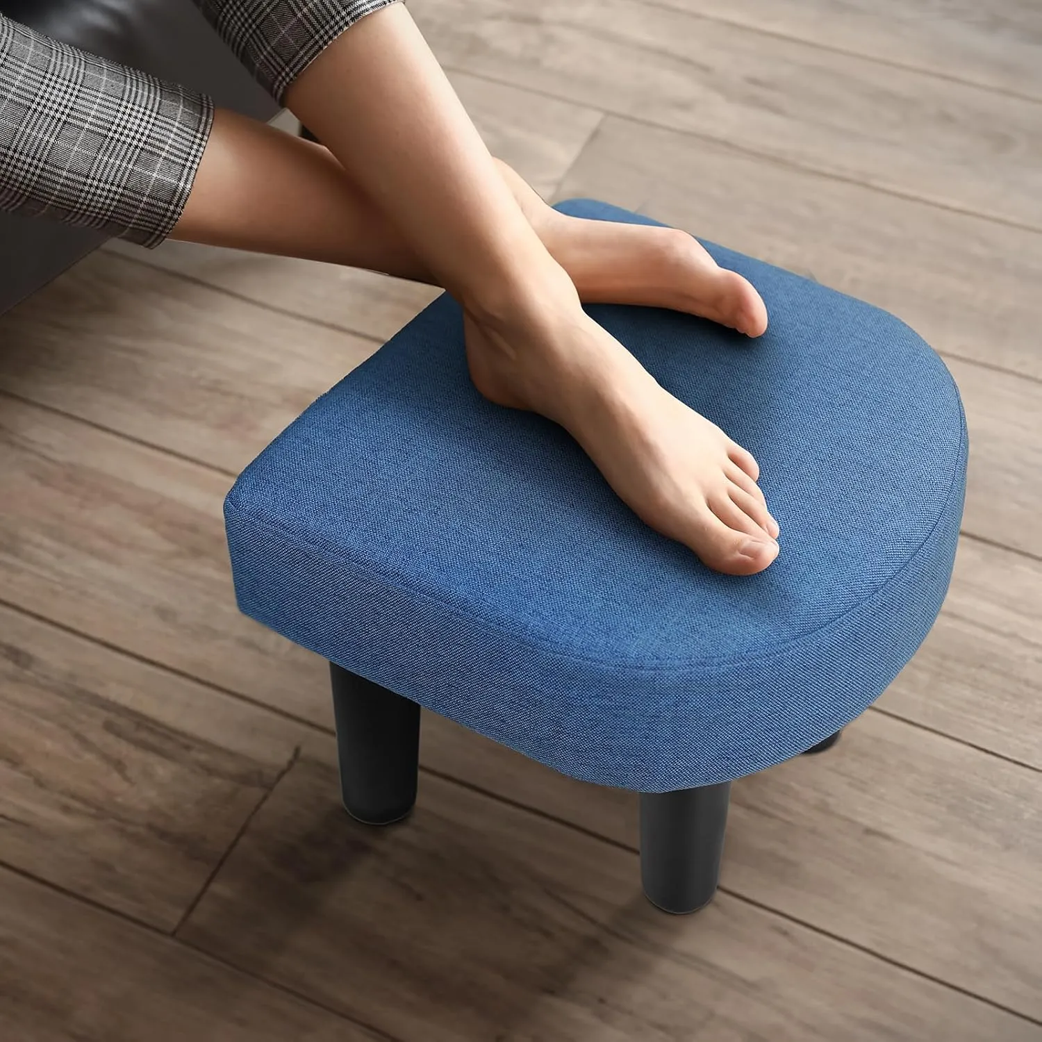 Allinside Ottoman Footstool with Handle, D-Shaped Linen Footrest, Small Shoe Seat Step Stool, Soft Sponge Foot Stool for Living Room, Bedroom, Couch, Entryway (Blue)