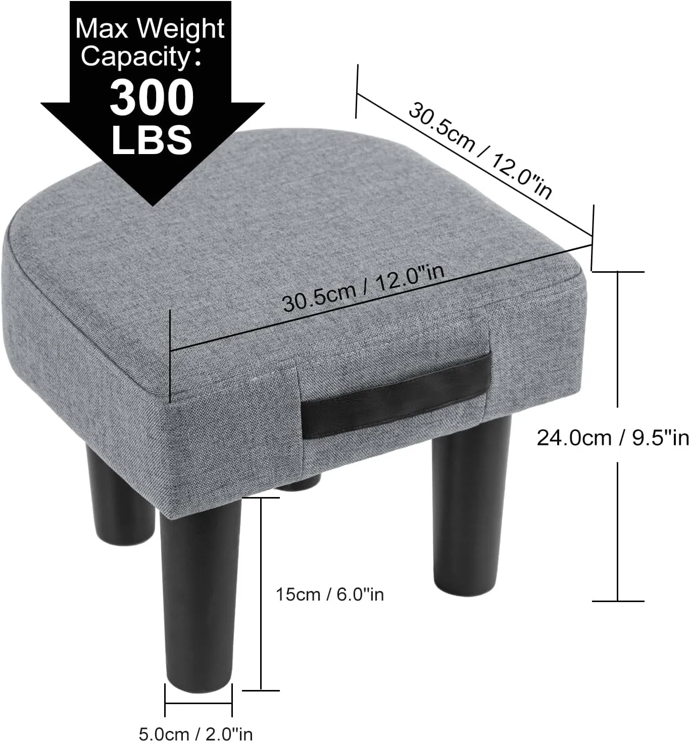 Allinside Ottoman Footstool with Handle, D-Shaped Linen Footrest, Small Shoe Seat Step Stool, Soft Sponge Foot Stool for Living Room, Bedroom, Couch, Entryway (Grey)