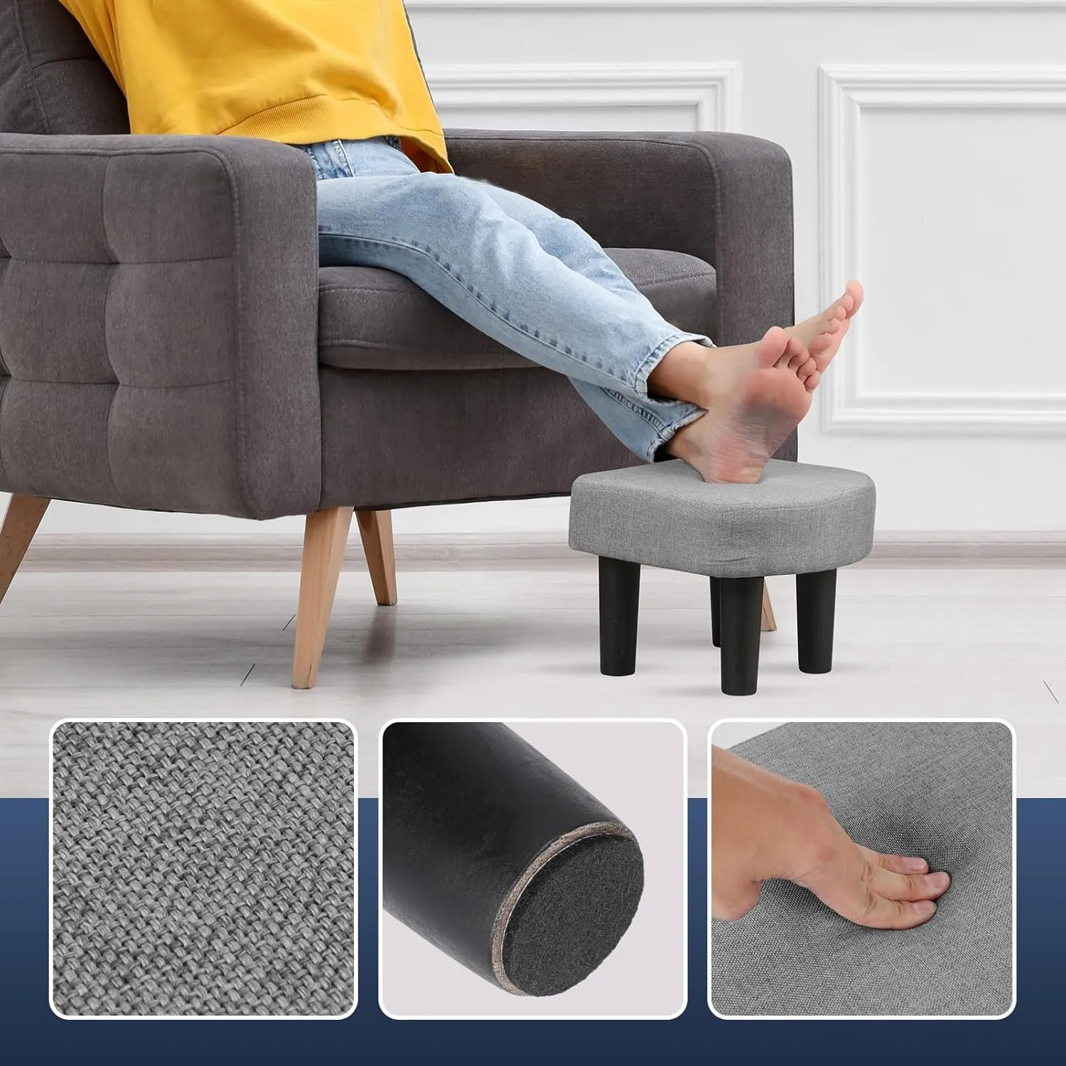 Allinside Ottoman Footstool with Handle, D-Shaped Linen Footrest, Small Shoe Seat Step Stool, Soft Sponge Foot Stool for Living Room, Bedroom, Couch, Entryway (Grey)