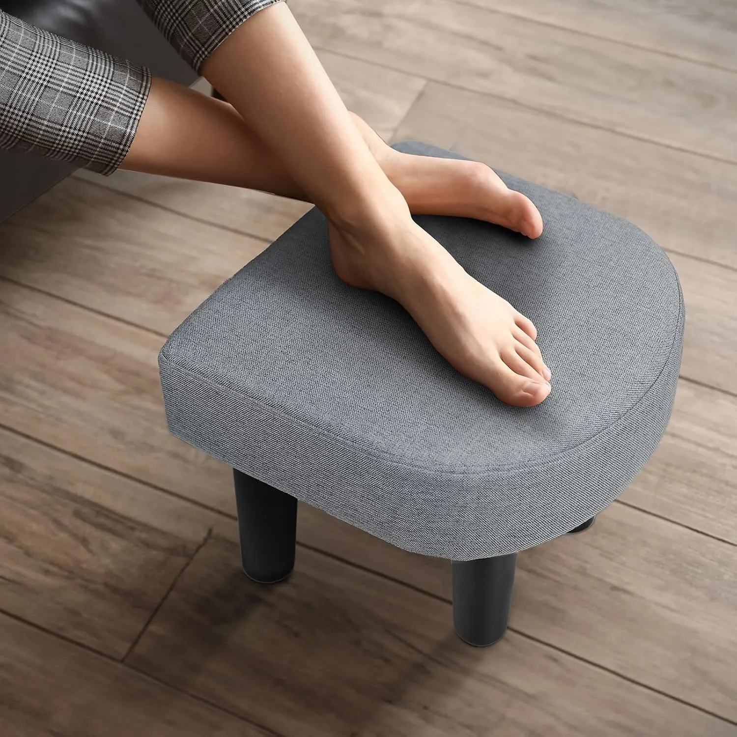 Allinside Ottoman Footstool with Handle, D-Shaped Linen Footrest, Small Shoe Seat Step Stool, Soft Sponge Foot Stool for Living Room, Bedroom, Couch, Entryway (Grey)