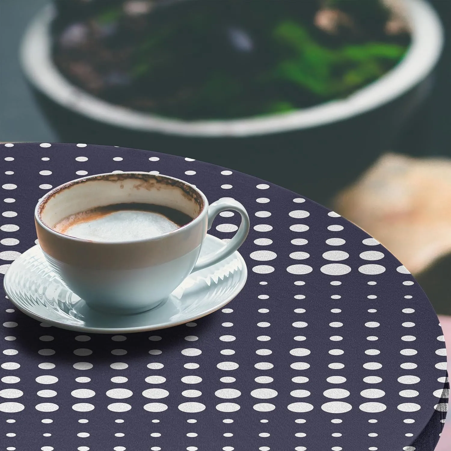 Ambesonne Abstract Fitted Round Tablecloth, Horizontally Formed Polka Dotted Flows Geometric and Nostalgic Details, All Around Elastic Fabric Table Cover, 40"- 44" Diameter, Dark Indigo and White