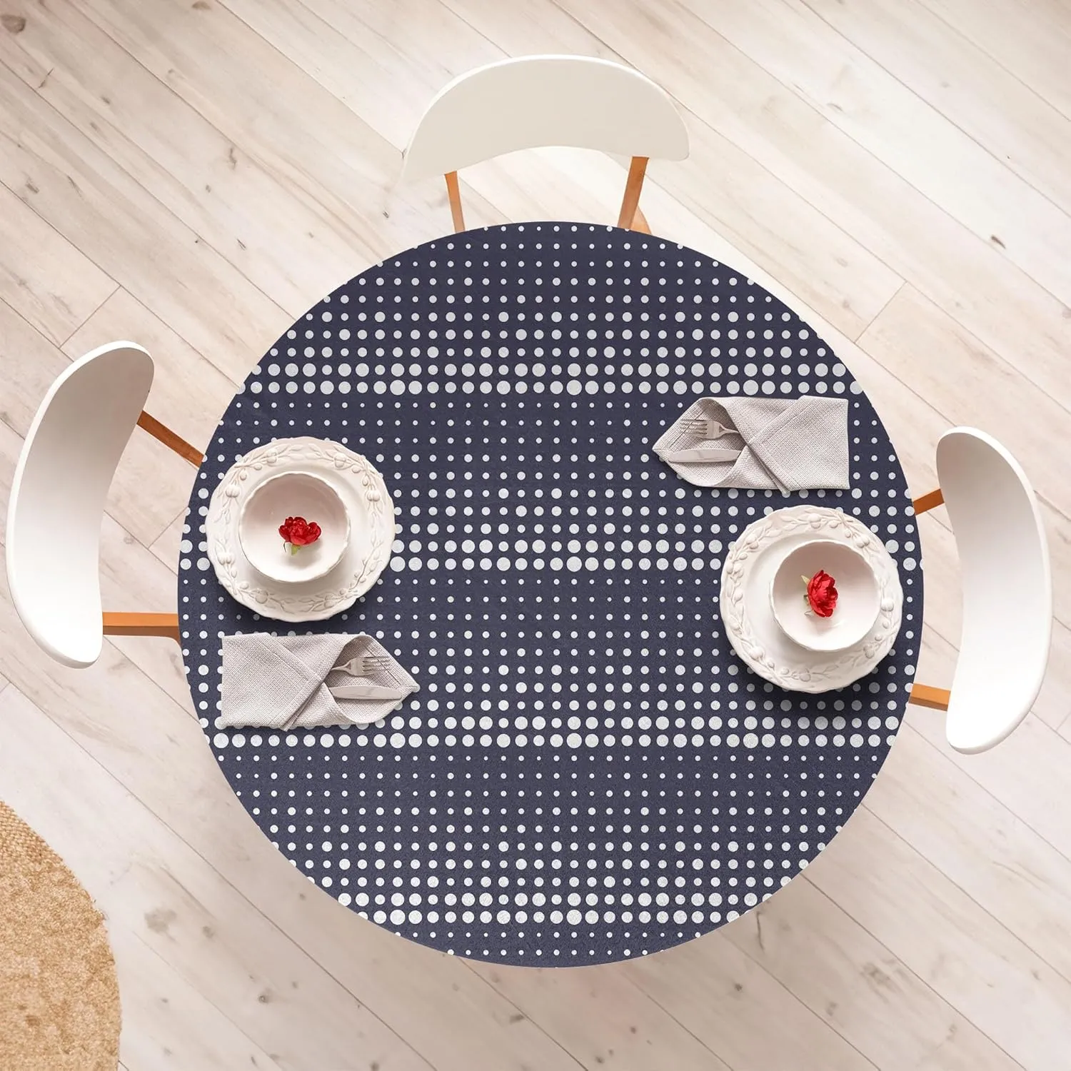 Ambesonne Abstract Fitted Round Tablecloth, Horizontally Formed Polka Dotted Flows Geometric and Nostalgic Details, All Around Elastic Fabric Table Cover, 40"- 44" Diameter, Dark Indigo and White