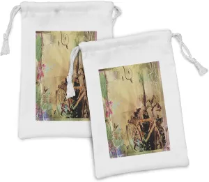 Ambesonne Bicycle Fabric Pouch Set of 2, Double Exposure Image Bikes in Urban Street Retro Swirling Floral Backdrop Effects, Small Drawstring Bag for Toiletries Masks and Favors, 9" x 6", Multicolor