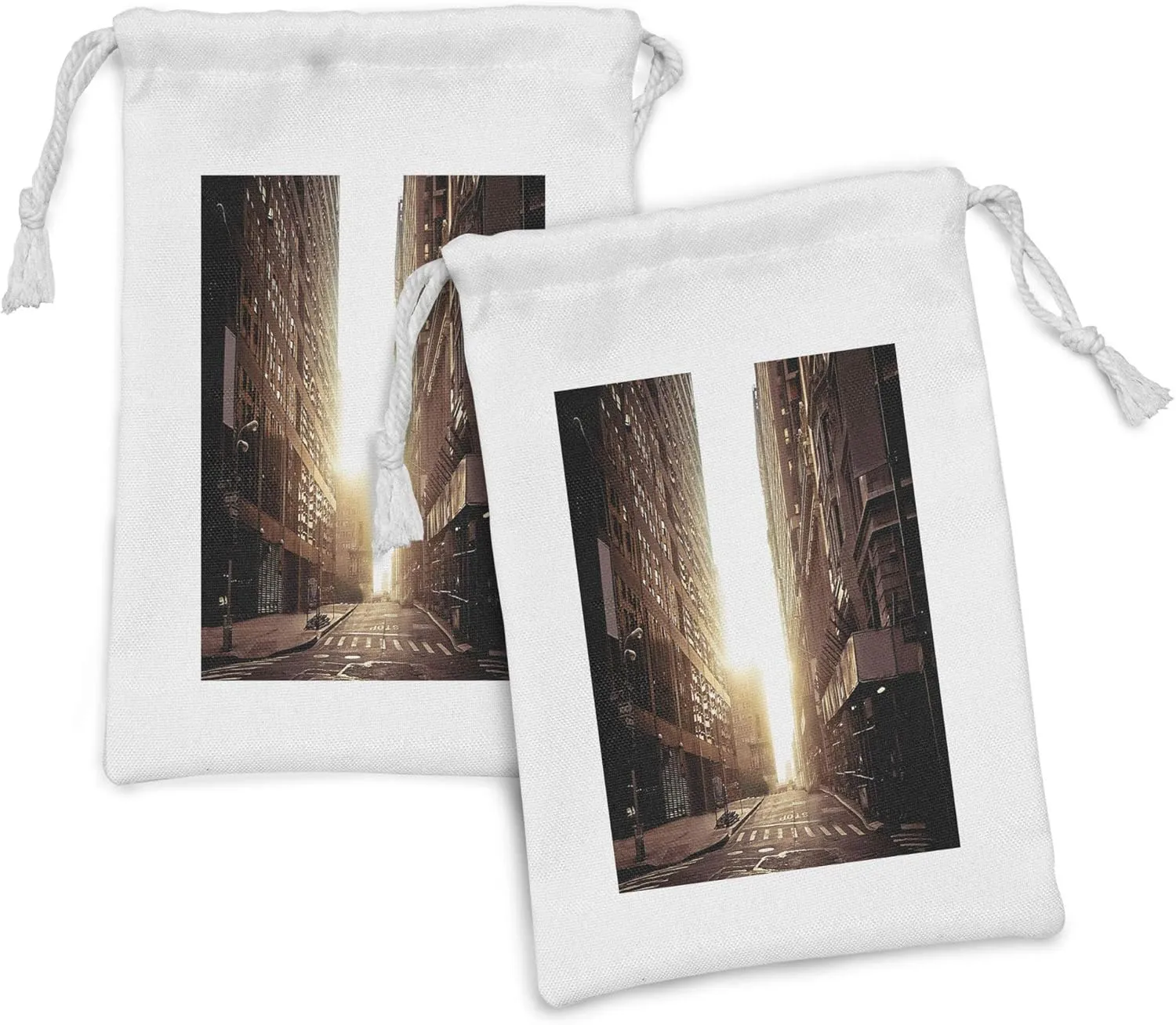 Ambesonne Cityscape Fabric Pouch Set of 2, New York Street with High Skyscrapers at Early Morning Sunrise Manhattan View, Small Drawstring Bag for Toiletries Masks and Favors, 9" x 6", Umber Cream