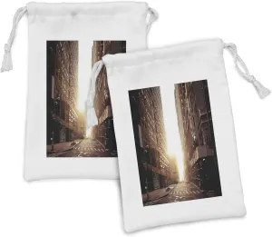 Ambesonne Cityscape Fabric Pouch Set of 2, New York Street with High Skyscrapers at Early Morning Sunrise Manhattan View, Small Drawstring Bag for Toiletries Masks and Favors, 9" x 6", Umber Cream