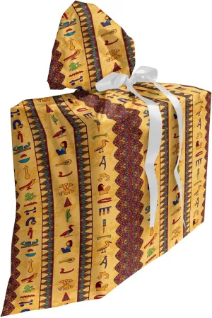 Ambesonne Egyptian Print Gift Bag, Hieroglyphs and Floral Geometric Ornament Border Aged Paper Style Backdrop, Fabric Party Favor Pouch with 3 Ribbons, 27, Multicolor