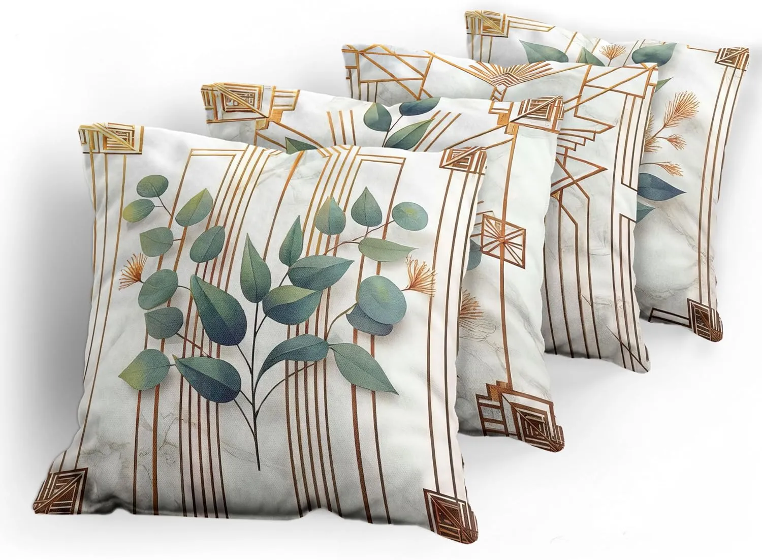 Ambesonne Eucalyptus Throw Pillow Cushion Cover Set of 4, Botanical Leaves and Flowers with Antique Abstract Geometric Motif, Decorative Accent Double-Sided Printing, 24", Cinnamon Blue Grey Green