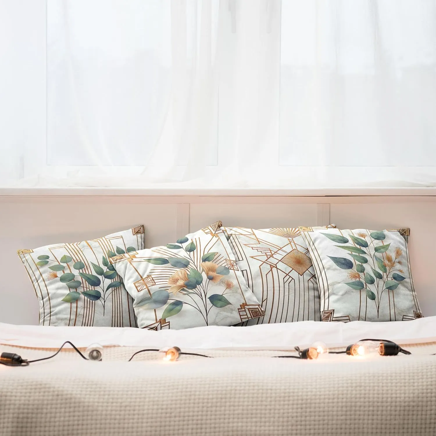 Ambesonne Eucalyptus Throw Pillow Cushion Cover Set of 4, Botanical Leaves and Flowers with Antique Abstract Geometric Motif, Decorative Accent Double-Sided Printing, 24", Cinnamon Blue Grey Green