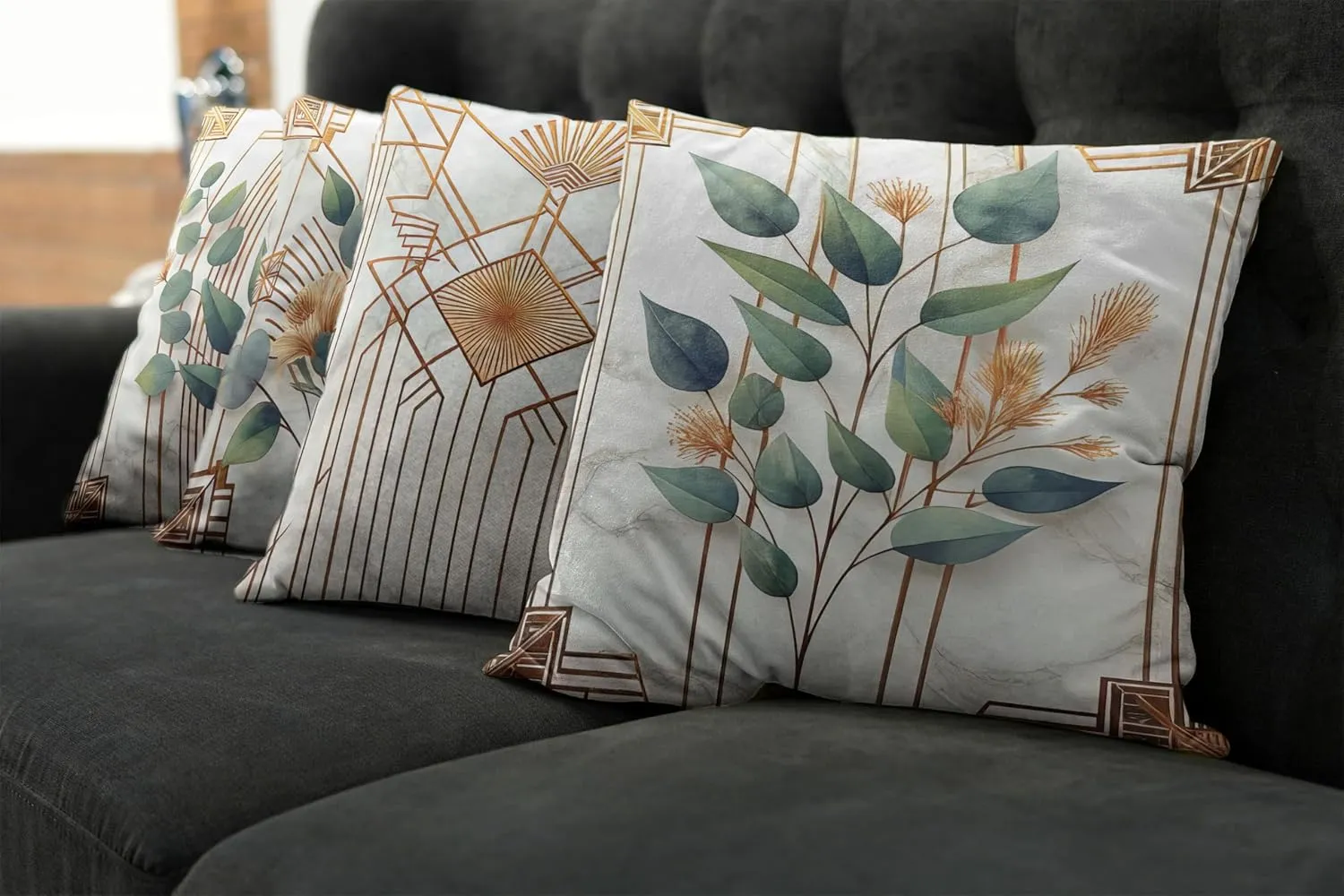 Ambesonne Eucalyptus Throw Pillow Cushion Cover Set of 4, Botanical Leaves and Flowers with Antique Abstract Geometric Motif, Decorative Accent Double-Sided Printing, 24", Cinnamon Blue Grey Green