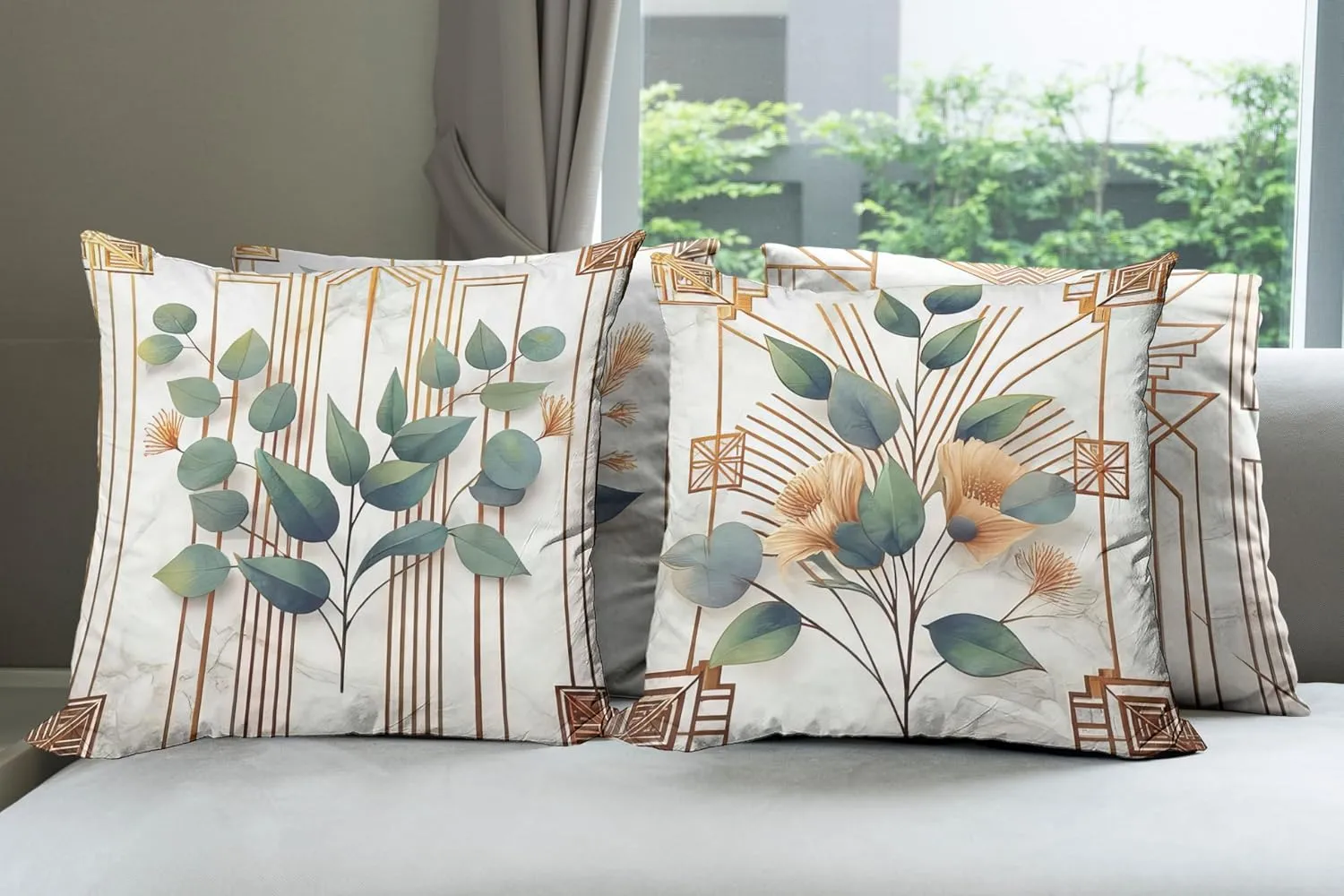 Ambesonne Eucalyptus Throw Pillow Cushion Cover Set of 4, Botanical Leaves and Flowers with Antique Abstract Geometric Motif, Decorative Accent Double-Sided Printing, 24", Cinnamon Blue Grey Green
