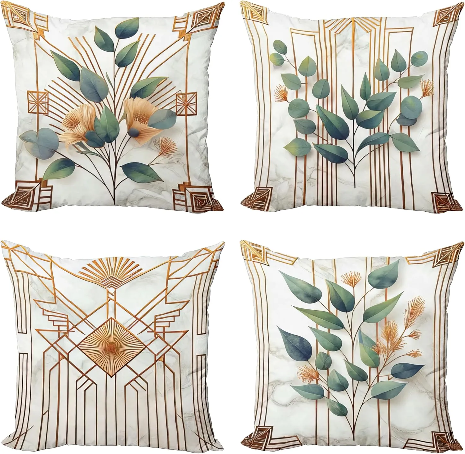 Ambesonne Eucalyptus Throw Pillow Cushion Cover Set of 4, Botanical Leaves and Flowers with Antique Abstract Geometric Motif, Decorative Accent Double-Sided Printing, 24", Cinnamon Blue Grey Green