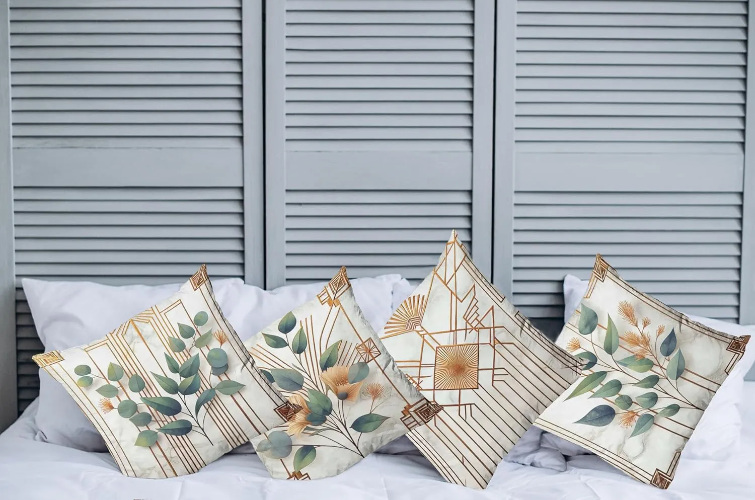 Ambesonne Eucalyptus Throw Pillow Cushion Cover Set of 4, Botanical Leaves and Flowers with Antique Abstract Geometric Motif, Decorative Accent Double-Sided Printing, 24", Cinnamon Blue Grey Green