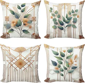 Ambesonne Eucalyptus Throw Pillow Cushion Cover Set of 4, Botanical Leaves and Flowers with Antique Abstract Geometric Motif, Decorative Accent Double-Sided Printing, 24", Cinnamon Blue Grey Green
