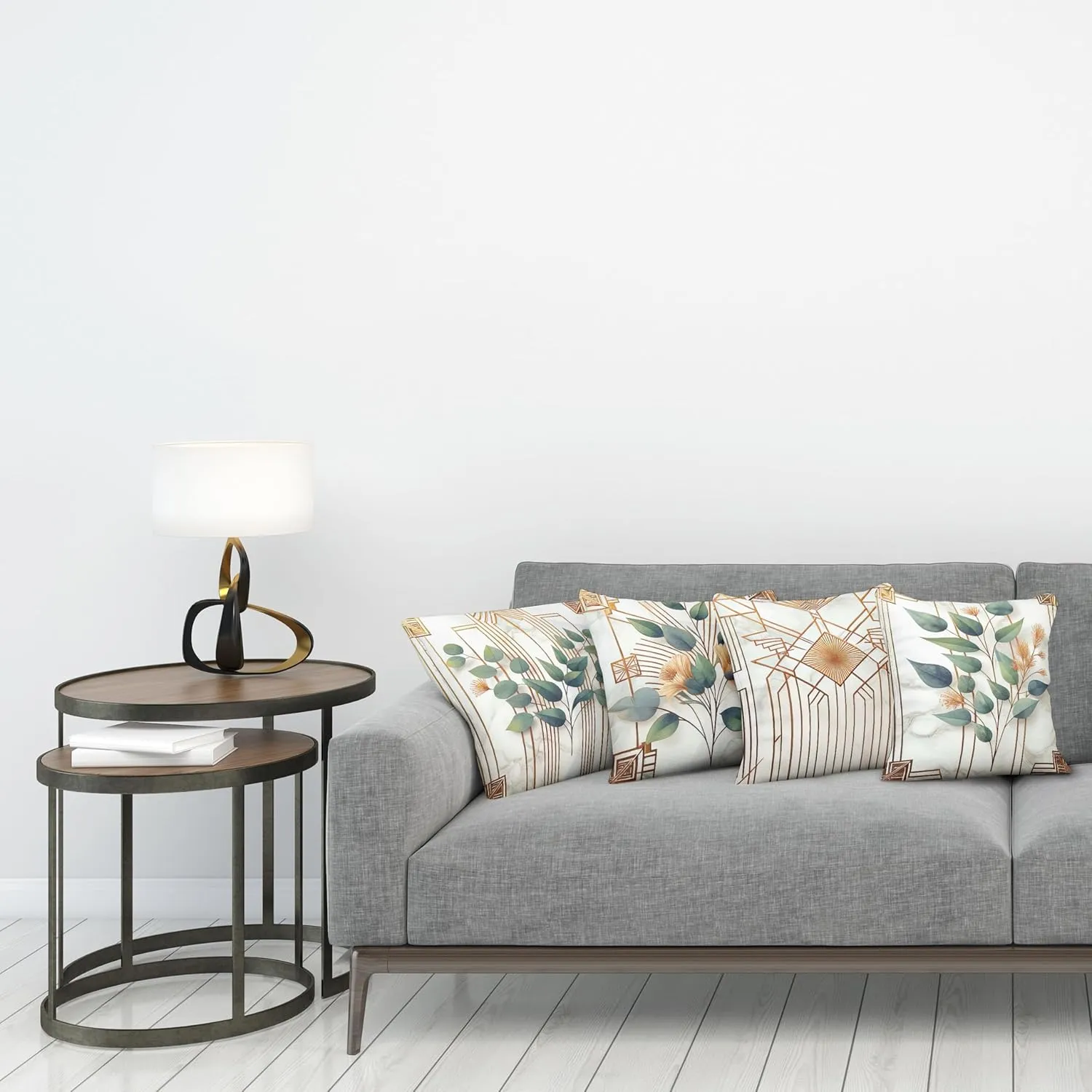 Ambesonne Eucalyptus Throw Pillow Cushion Cover Set of 4, Botanical Leaves and Flowers with Antique Abstract Geometric Motif, Decorative Accent Double-Sided Printing, 24", Cinnamon Blue Grey Green