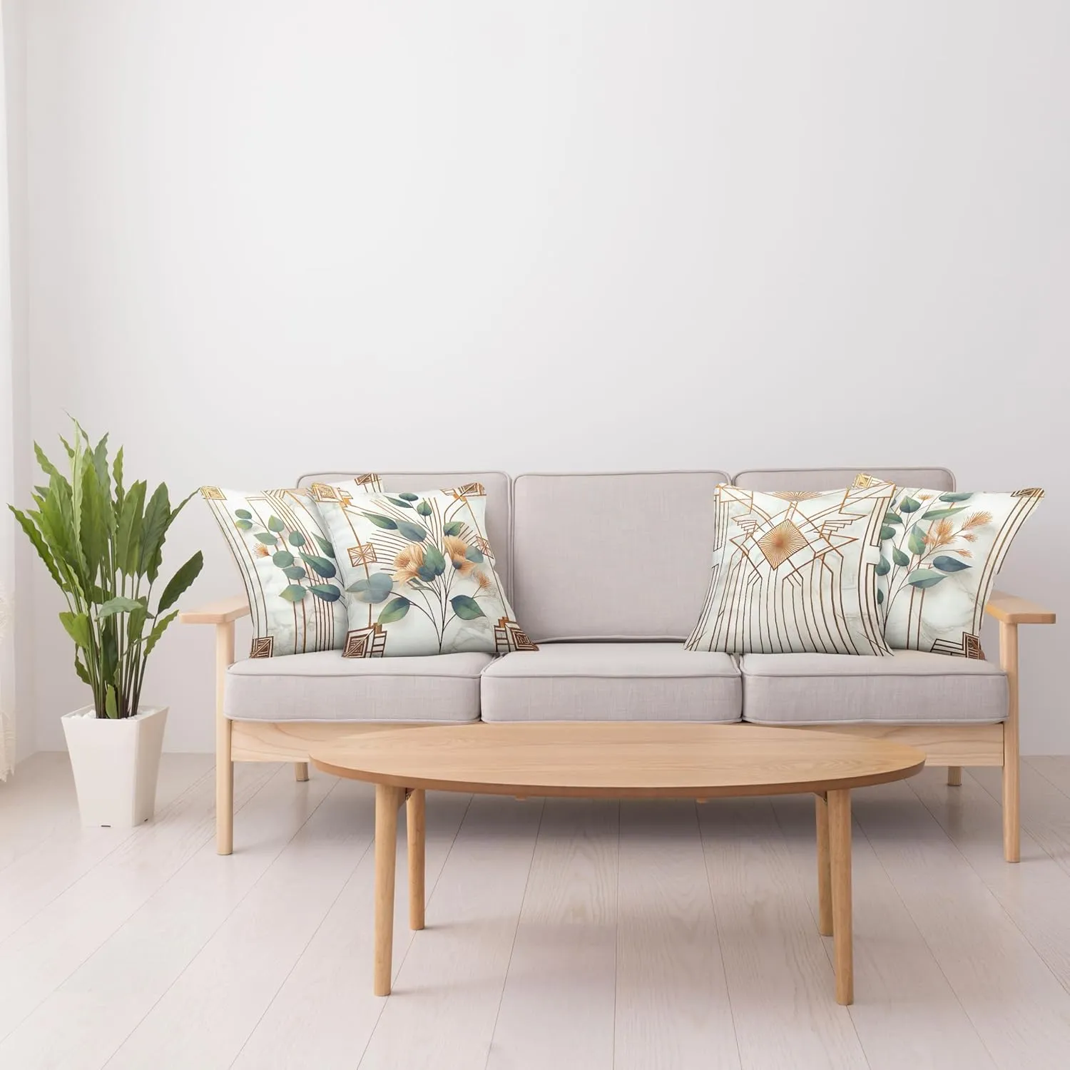 Ambesonne Eucalyptus Throw Pillow Cushion Cover Set of 4, Botanical Leaves and Flowers with Antique Abstract Geometric Motif, Decorative Accent Double-Sided Printing, 24", Cinnamon Blue Grey Green