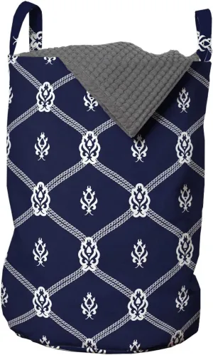 Ambesonne Geometric Laundry Bag, Ornamental Nautical Themed Image with Marine Motifs Aquatic Elements, Hamper Basket with Handles Drawstring Closure for Laundromats, 13" x 19", Dark Blue and White