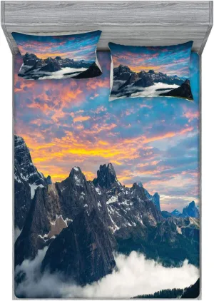 Ambesonne Mountain Fitted Sheet & Pillow Sham Set, Alpine Scenery Foggy Italian Natural Park Vivid Sky Above Clouds Photography, Decorative Printed 3 Piece Bedding Decor Set, Calking, Black White Blue