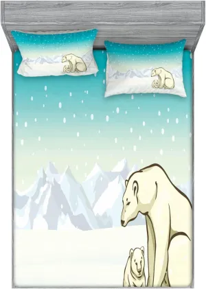 Ambesonne Polar Bear 2 Pack Fitted Sheet & Pillow Sham Set, Arctic Animal Family, 4 Pcs Bedding Decor, Package Contains 2 King Size Fitted Sheets & 4 Pillow Covers, Turquoise White Cream