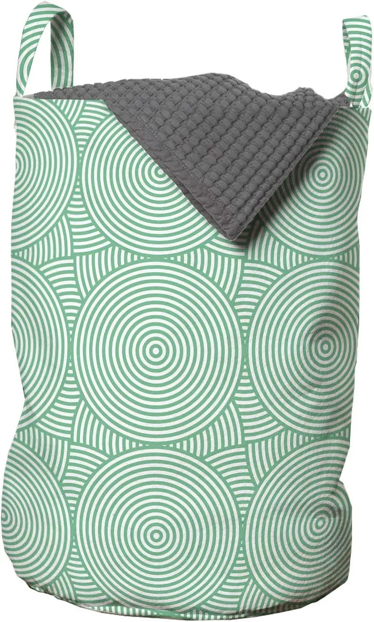 Ambesonne Retro Laundry Bag, Concept of Concentric Circles Overlapping Natural Geometric Details Monotone, Hamper Basket with Handles Drawstring Closure for Laundromats, 13" x 19", Sea Green and White