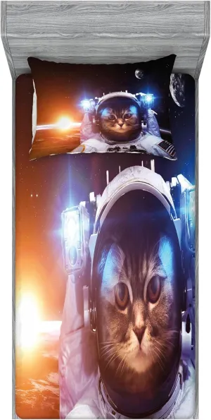 Ambesonne Space Cat Fitted Sheet & Pillow Sham Set, Kitten in Space Suit Sun Lunar Eclipse Over Planet Stars Image, Decorative Printed 2 Piece Bedding Decor Set, Twin, Dark Blue Orange