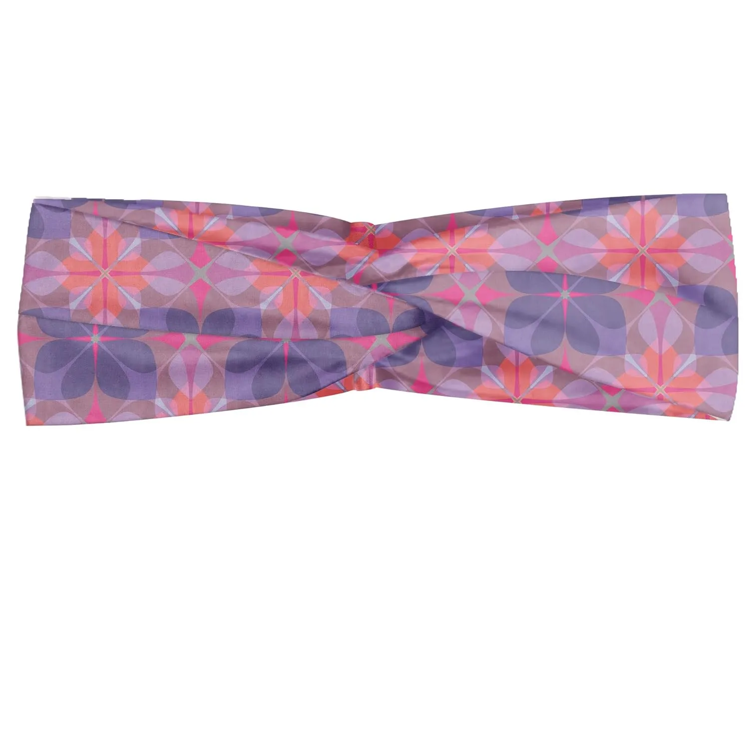 Ambesonne Spring Headband Set of 2, Retro Style Flower Petals of Geometric Mosaic Effects Ethnic Mosaic, Knotted Elastic Hair Band Accessory for Women Everyday Use, M-L, Ceil Blue Mauve and Coral
