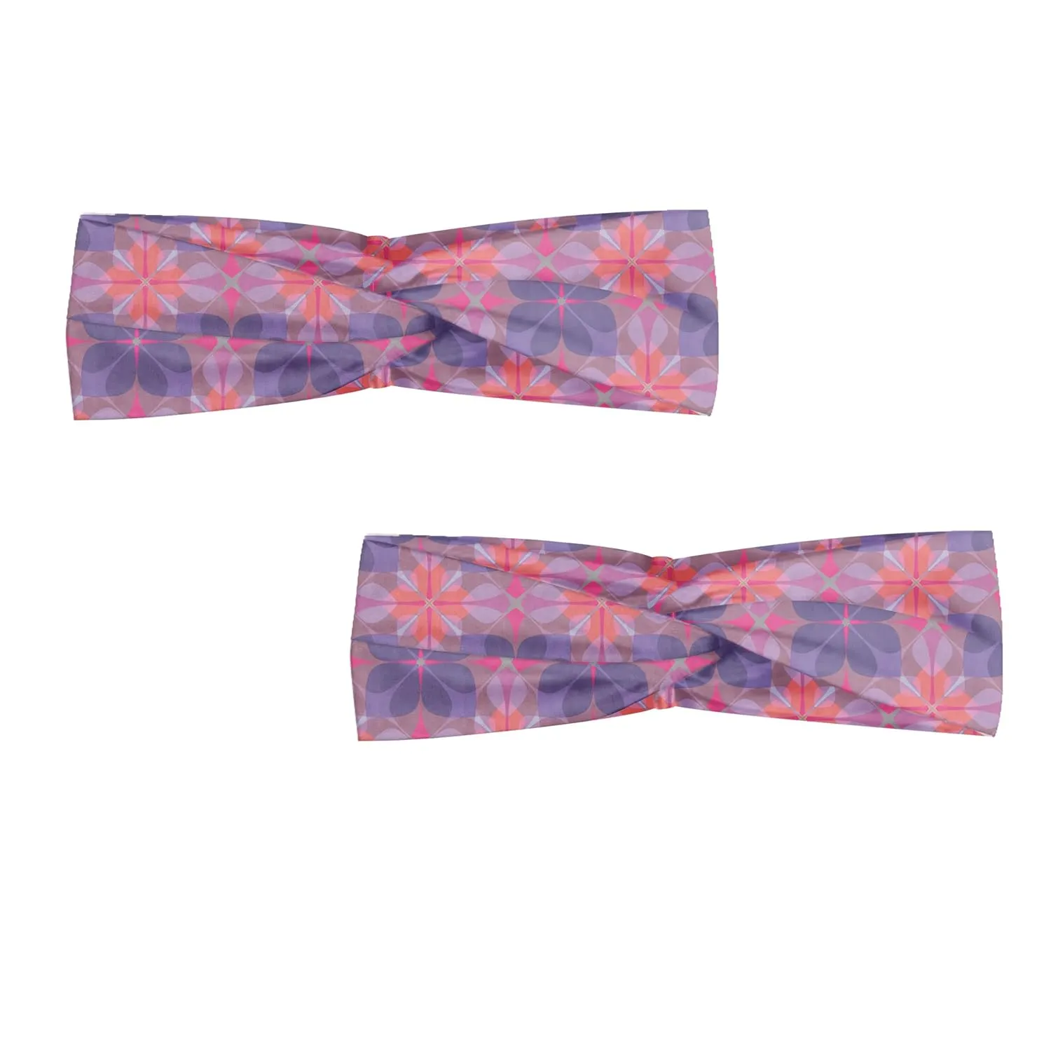 Ambesonne Spring Headband Set of 2, Retro Style Flower Petals of Geometric Mosaic Effects Ethnic Mosaic, Knotted Elastic Hair Band Accessory for Women Everyday Use, M-L, Ceil Blue Mauve and Coral