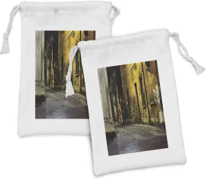 Ambesonne Street Fabric Pouch Set of 2, Old Empty Dark City Streets Avenues with Homes Photograph Civilization Print, Small Drawstring Bag for Toiletries Masks and Favors, 9" x 6", Multicolor