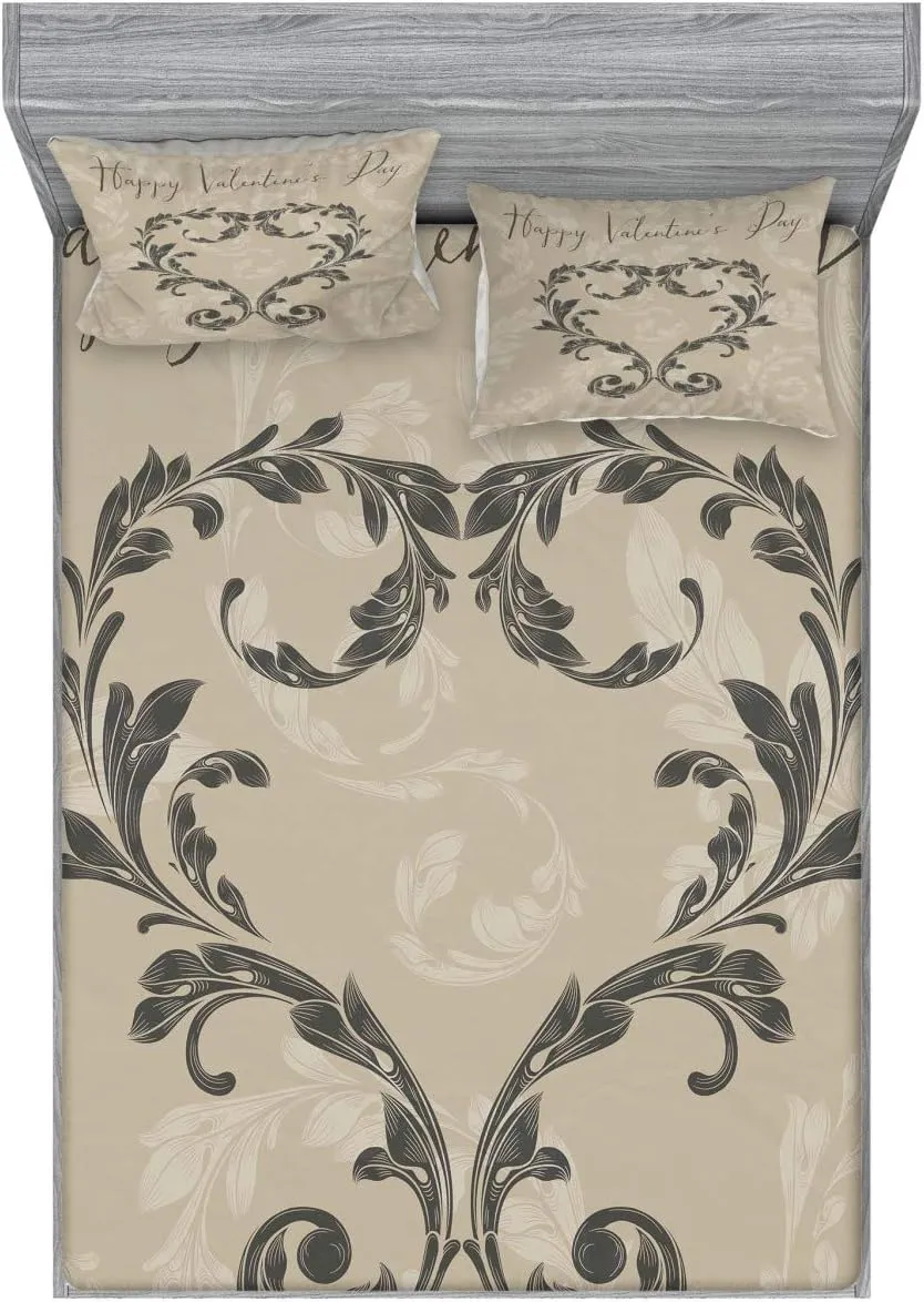 Ambesonne Taupe Fitted Sheet & Pillow Sham Set, Happy Valentine's Day Hand Writing Laurel Leaves Forming a Heart Victorian, Decorative Printed 3 Piece Bedding Decor Set, Queen, Taupe Tan