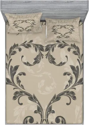 Ambesonne Taupe Fitted Sheet & Pillow Sham Set, Happy Valentine's Day Hand Writing Laurel Leaves Forming a Heart Victorian, Decorative Printed 3 Piece Bedding Decor Set, Queen, Taupe Tan