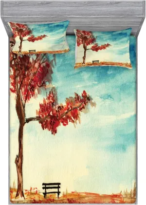 Ambesonne Tree Fitted Sheet & Pillow Sham Set, Watercolors Design of a Tree and Bench Earth Ecological Protection for Future Image, Decorative Printed 3 Piece Bedding Decor Set, Queen, Orange Blue