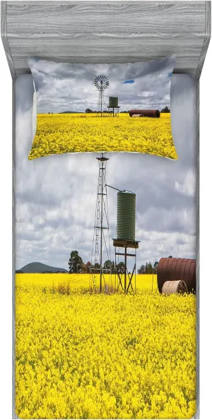 Ambesonne Windmill Fitted Sheet & Pillow Sham Set, Canola Meadow Stormy Day Victorian Goldfields Agricultural Farmland, Decorative Printed 2 Piece Bedding Decor Set, Twinxl, Yellow Grey and White