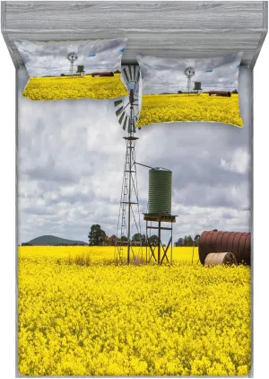 Ambesonne Windmill Fitted Sheet & Pillow Sham Set, Canola Meadow Stormy Day Victorian Goldfields Agricultural Farmland, Decorative Printed 3 Piece Bedding Decor Set, King, Yellow Grey and White