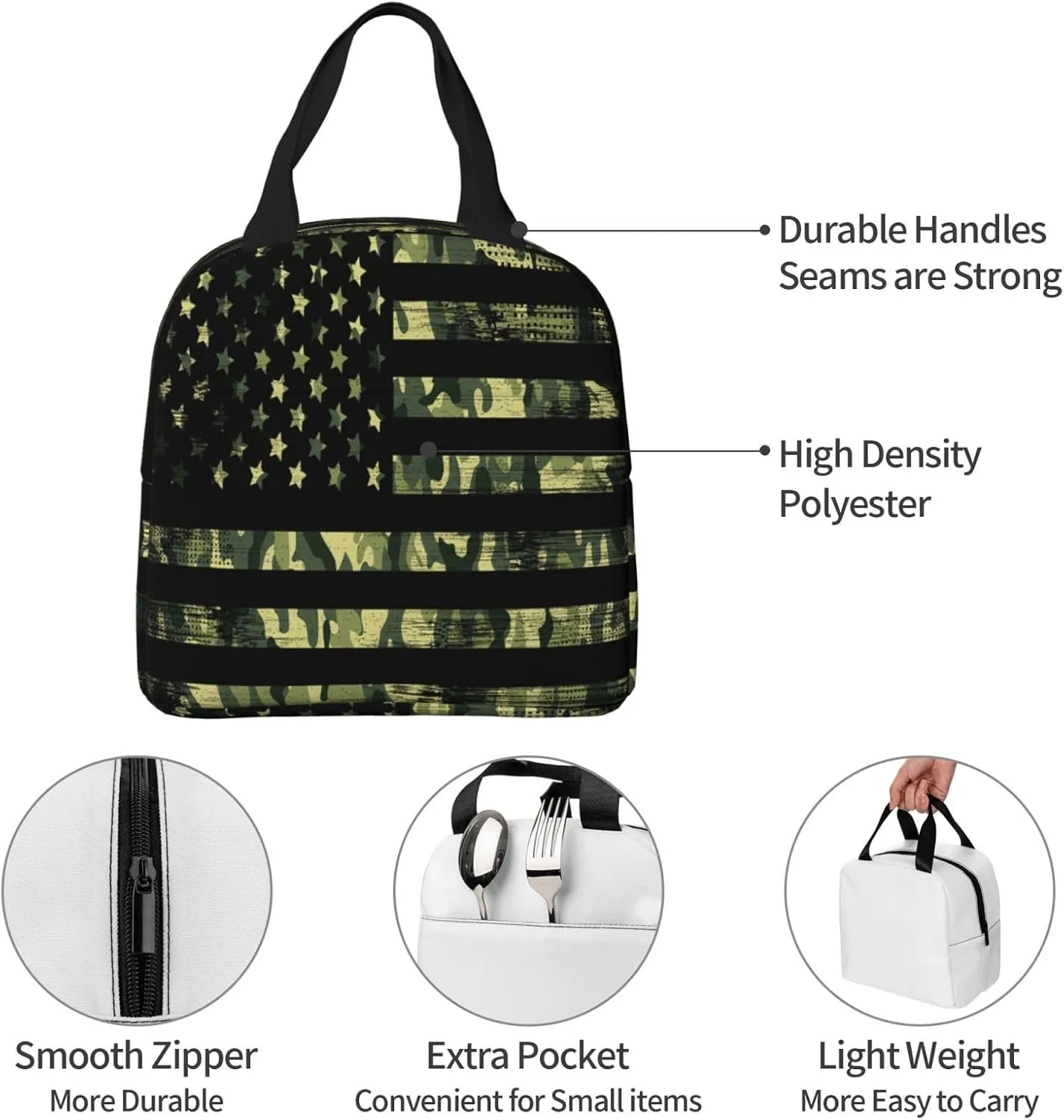 American Flag Lunch Box Insulated Lunch Bag Reusable Meal Cooler Container Aesthetic Tote Lunchbox For Women Men Office Work Picnic Travel (Green Camouflage)