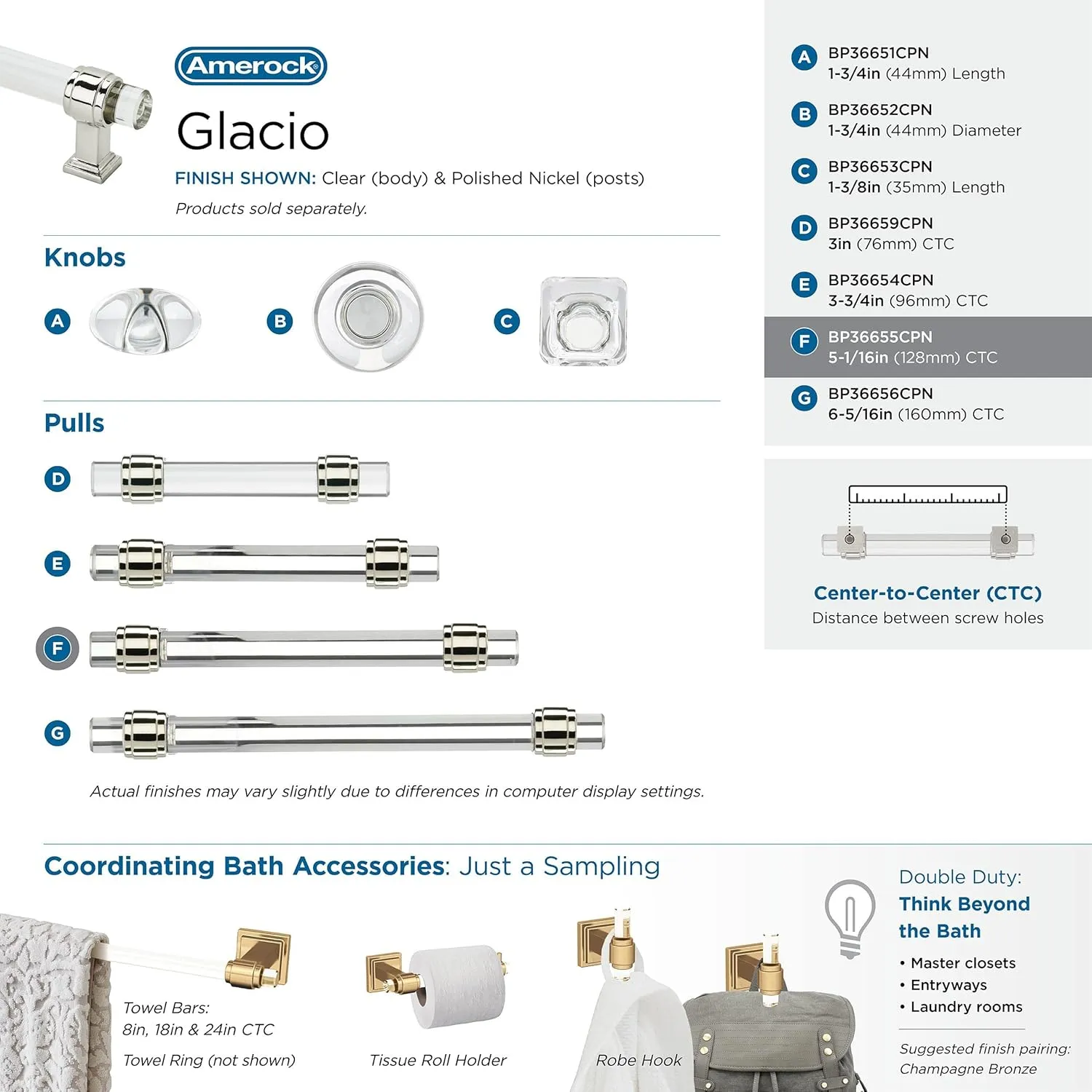 Amerock | Cabinet Pull | Clear/Polished Nickel | 5-1/16 inch (128 mm) Center to Center | Glacio | 1 Pack | Drawer Pull | Drawer Handle | Cabinet Hardware