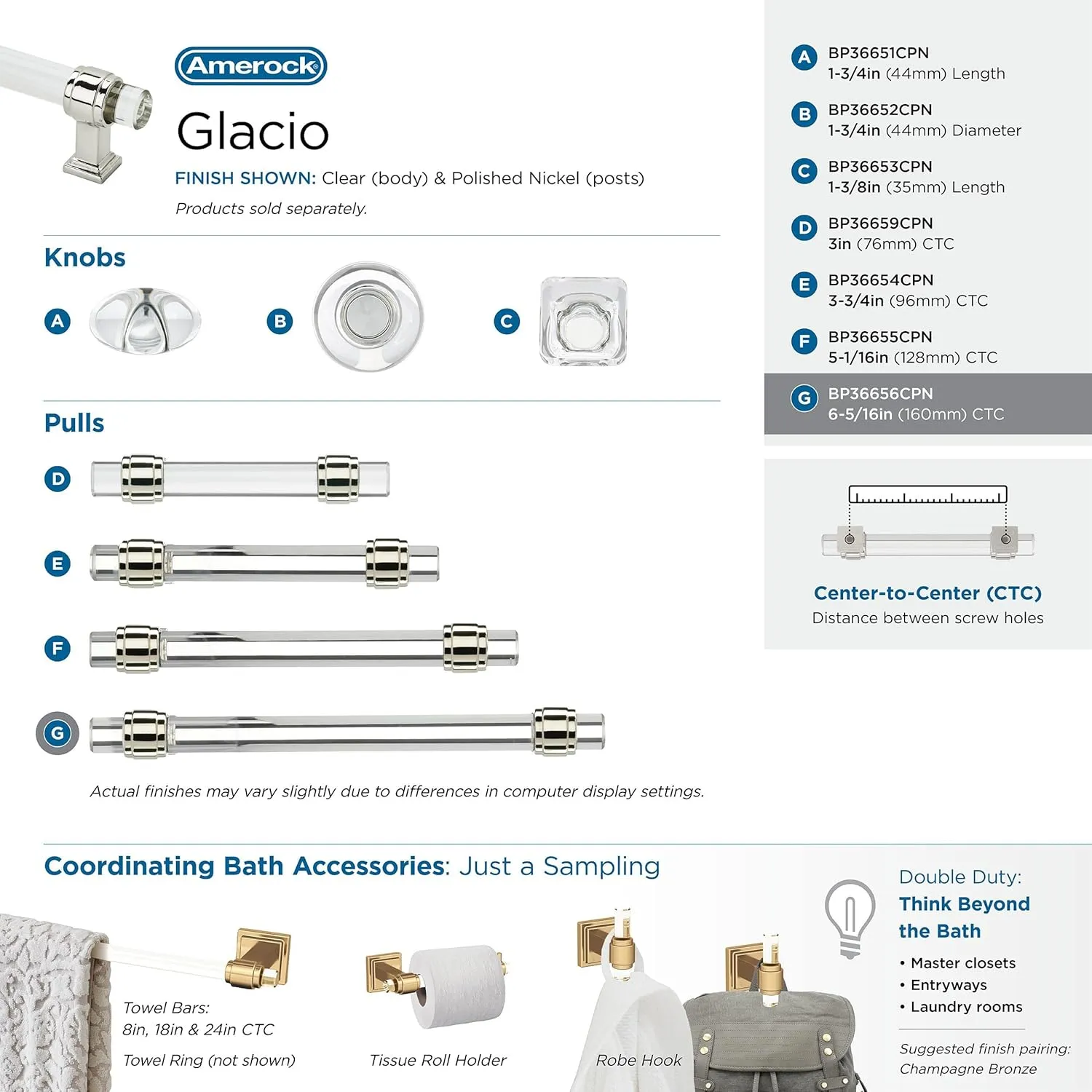 Amerock | Cabinet Pull | Clear/Polished Nickel | 6-5/16 inch (160 mm) Center to Center | Glacio | 1 Pack | Drawer Pull | Drawer Handle | Cabinet Hardware