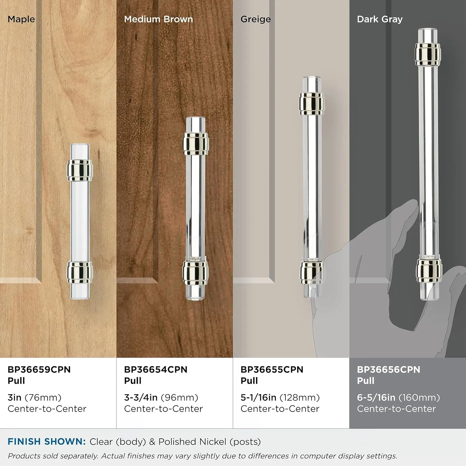 Amerock | Cabinet Pull | Clear/Polished Nickel | 6-5/16 inch (160 mm) Center to Center | Glacio | 1 Pack | Drawer Pull | Drawer Handle | Cabinet Hardware
