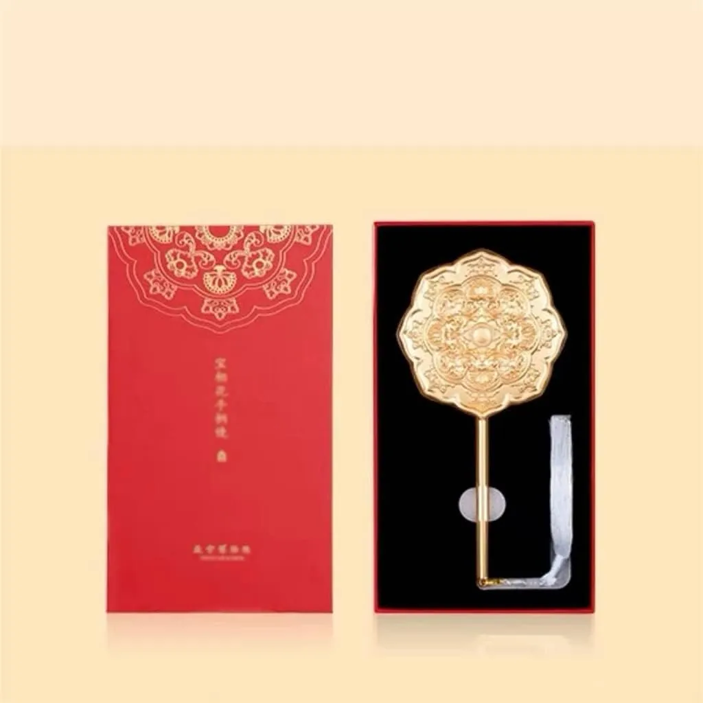 Ancient Style Hanfu Baolian Hand-held Makeup Mirror Makeup Mirror Hand-held Retro National Style Handle Portable Mirror (D 17.7 * 8.9 * 0.72cm)