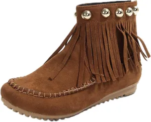 Ankle Boots for Women Low Heel Moccasins Fringe Retro Suede Leather Tassel Studded Moccasins Cozy Anti-Slip Booties
