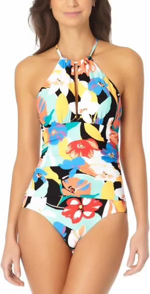 Anne Cole Modern Blooms HIGH Neck ONE Piece, 10
