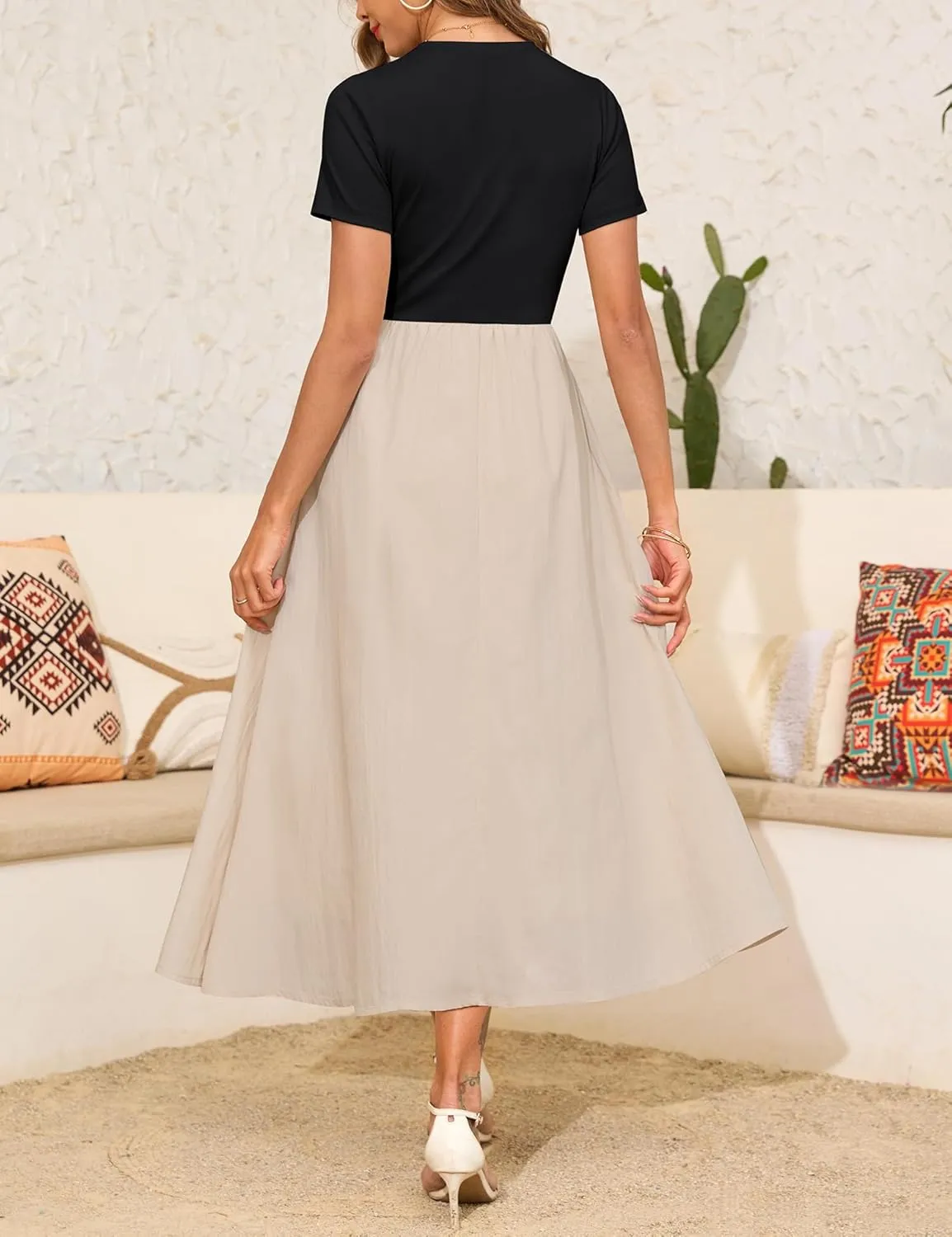 Annebouti Womens 2025 Summer Spring Maxi Dress Trendy Elegant Short Sleeve Cotton Top Casual Long Dress with Pockets