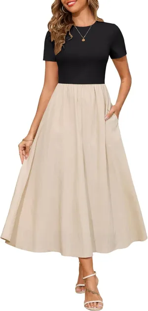 Annebouti Womens 2025 Summer Spring Maxi Dress Trendy Elegant Short Sleeve Cotton Top Casual Long Dress with Pockets