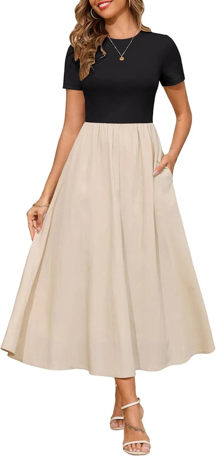 Annebouti Womens 2025 Summer Spring Maxi Dress Trendy Elegant Short Sleeve Cotton Top Casual Long Dress with Pockets